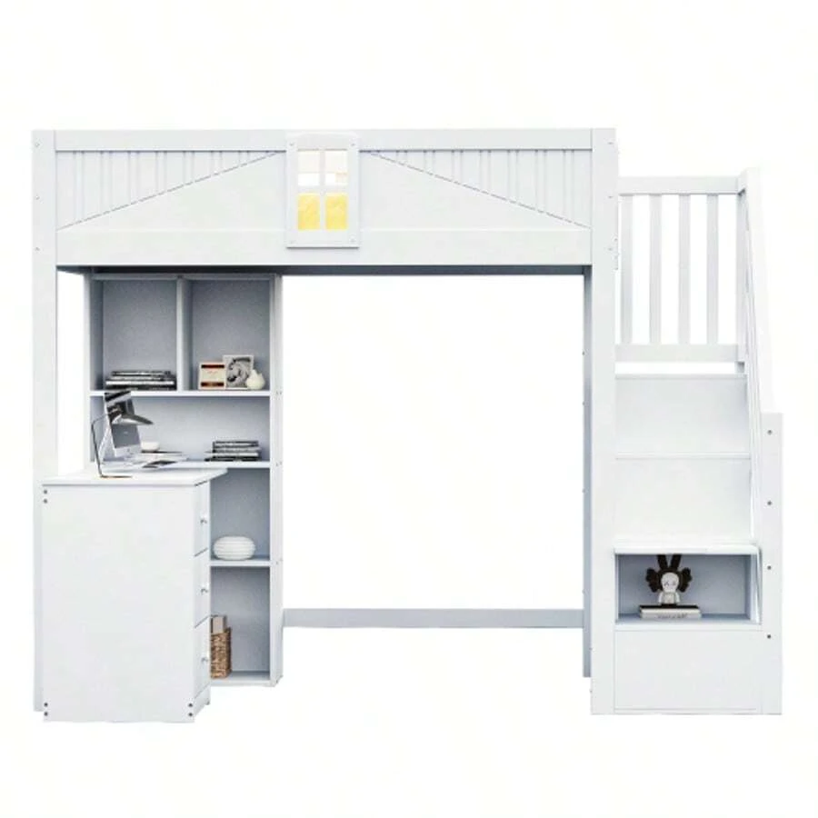 Solid Wood Loft Bed 90 X 200 Cm, Unique Safety Rail With Window, With Storage Cupboards, Desk And Drawers, Side Safety Ladder (Reversible Left Or Right), White - White - View 1