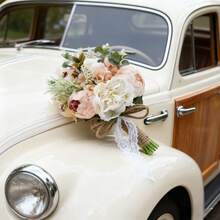 3件套象牙色新娘伴娘捧花，含胸花和襟花；10英寸白色香槟色人造玫瑰花束，适用于婚礼教堂装饰、仪式、周年纪念、情人节礼物 - 粉紅色A - 查看 6