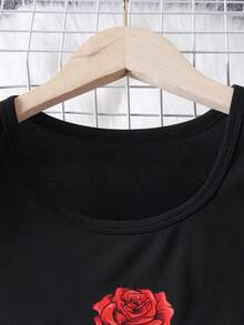 2pcs/Set Girls Rose Floral Print Vest Top & Mesh Hem Skirt Set, Spring/Summer - Black - View 2