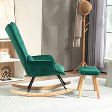 Rocking Chair With Footrest, Reclining Chair With Cushions, Velvet Look, Wingback Chair With Wooden Legs For Bedroom, Living Room, 66 X 96 X 101 Cm, Green - Green - View 6