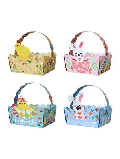 4pcs Easter Paper Baskets - Candy Boxes With Handles And Cartoon Patterns, Suitable For Various Holiday Celebrations. Holiday Party Favor Containers, Applicable For Seasonal Events
