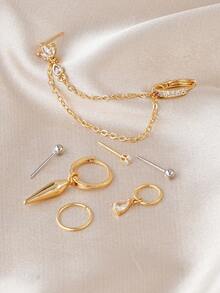 7pcs Personalized Cubic Zirconia Stone Dangle Chain Earrings, Multi-Piercing Jewelry, Suitable For Women's Daily Wear And Party - Multicolor - View 5