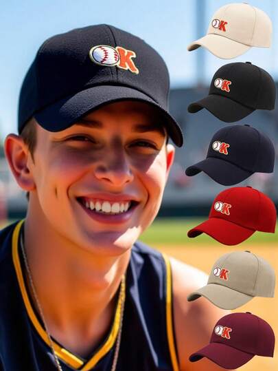 1顶男女款时尚OK字母橄榄球图案棒球帽，新款休闲街头百搭防晒遮阳帽，透气吸汗户外运动帽