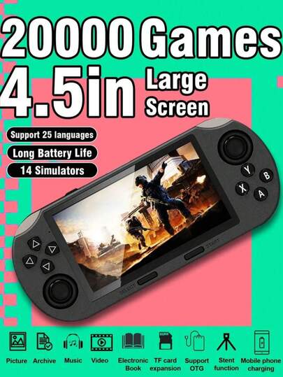 Easypie Selection Nowa, przenośna konsola do gier z dużym ekranem HD o przekątnej 4,5 cala, z wgranymi 20 000 klasycznych gier retro, 14 emulatorami gier FC/GBA i funkcją zapisywania stanu gry. Pozioma, przenośna konsola do gier z klasycznym designem z dwoma joystickami, przenośna, nostalgiczna konsola zręcznościowa, wielofunkcyjna z podstawką, obsługuje zdjęcia, muzykę, filmy i e-booki, szybkie ładowanie powerbanku. Idealny prezent dla męża i chłopaka na święta.