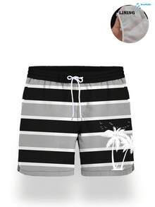 Pantalones cortos de verano para hombres con estampado de árboles de coco, cintura con cordón, bolsillos en diagonal, secado rápido, doble capa con malla, estampado de arte 3D a color, ropa de playa casual y elegante - Multicolor - Ver 4