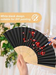 3/15/30件套黑色纸折扇，竹柄折叠扇，优雅女士便携式手扇，夏季黑色婚礼小礼盒套装，含黑色领结和透明收纳袋，适合新娘送礼会、生日派对、伴娘拍照道具、婚礼装饰、情人节礼物和活动派对用品。 - 黑色 - 查看 3