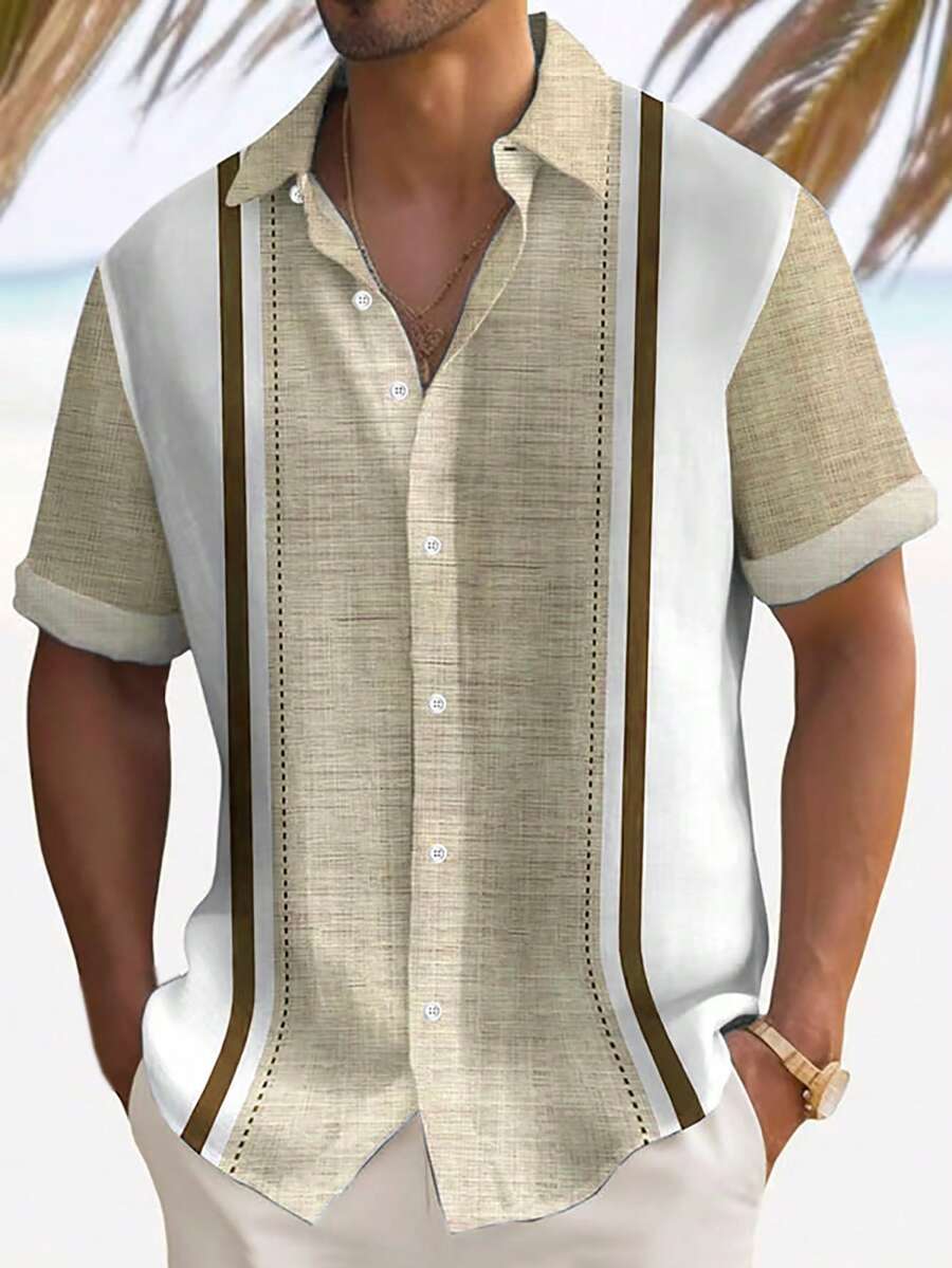 Vintage Striped Bowling Textured Print Men's Lightweight Loose Button-Down Short Sleeve Shirt - Khaki - View 1