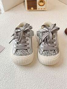 New Arrival Spring Autumn Toddler Girls Silver Glitter Sneakers Lace-Up Hook-And-Loop Strap Non-Slip Sole Sparkly Casual Princess Shoes For Party Daily Wear - Bạc - Xem 3