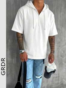 GRDR 男士时尚简约纯色半拉链连帽T恤，春夏百搭 - 白色 - 查看 1