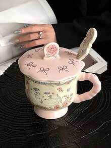 1 pièce Tasse en céramique avec couvercle et cuillère, décorée à la main avec un cygne, un lapin et une fée. Tasse à café latte artistique de style vintage français avec couvercle et cuillère. Tasse à avoine rétro pour le petit-déjeuner. Cadeau de haute qualité pour les amis et les amoureux. Convient pour les restaurants, les salons et les cafés. - Multicolore - Voir 9
