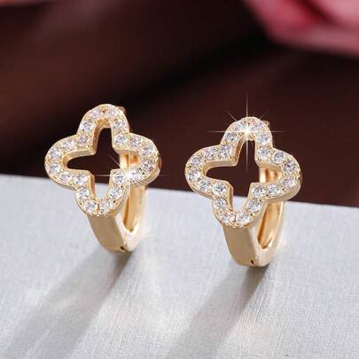 1 Pair Elegant Clover Design Cubic Zirconia Decorated Fashion Earrings For Women