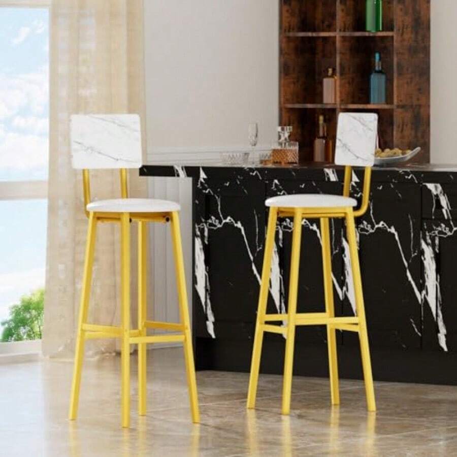 taburete de barCuezal Set de 2 Bancos para Barra de Cocina Taburetes de Bar Silla Alta para Barra con Patas Metálicas Reforzadas Carga 150KG 96 CM Cocina Restaurante Banco Alto con Tapizado de PU Amarillo Dorado - Amarillo Dorado - Ver 1