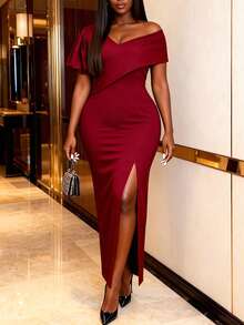 女士正式白色长款晚礼服，优雅V领露肩单袖不对称开衩设计，适合庆典、约会、派对、婚礼、伴娘、毕业典礼、婚礼宾客等场合，全白派对礼服 - 紅色 - 查看 4