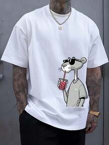 Camiseta holgada para hombre con un divertido estampado de leopardo tomando té con leche, que ofrece un estilo casual y elegante, fácil de crear un look relajado, agradable al tacto y transpirable, resistente a la deformación tras un uso prolongado, cómoda y adecuada para el uso diario y para salir. - Blanco - Ver 1