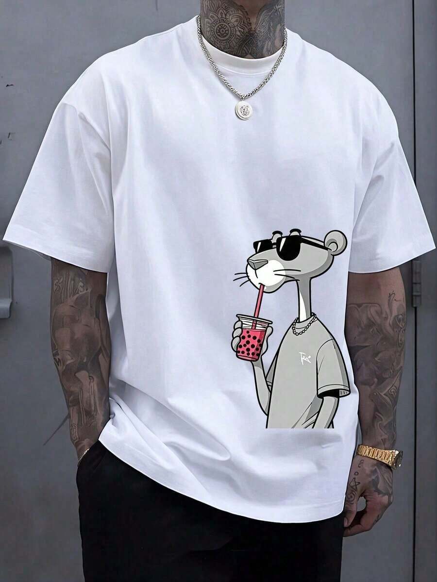 Camiseta holgada para hombre con un divertido estampado de leopardo tomando té con leche, que ofrece un estilo casual y elegante, fácil de crear un look relajado, agradable al tacto y transpirable, resistente a la deformación tras un uso prolongado, cómoda y adecuada para el uso diario y para salir. - Blanco - Ver 1