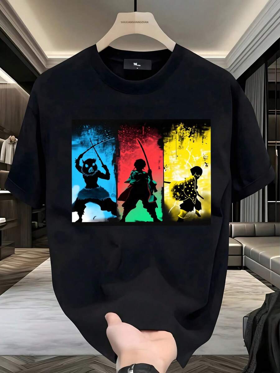 Camiseta Kimetsu no Yaiba, Siluetas Tanjiro, Colores Vibrantes, Casual Juvenil, Moda Urbana, Fans Anime, Regalo Amigos,  2026envío nacional,playera de hombre,ropa de hombre,regalos para hombre,regalos para tu novio,oversize hombre. - Negro - Ver 1