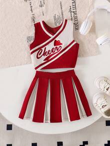 2pcs/Set Baby Girl Casual Chic School Style Top + Skirt Outfit, Summer Cheerleader - Burgundy - View 3