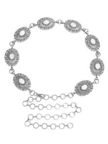 1 قطعة سلسلة خصر بطبقتين مزخرفة بأسلوب بوهيمي، صفيحة زهرة مجوفة مزينة بحجر بيضاوي مصنوع من الأبالون الاصطناعي، سلسلة رفيعة قابلة للتعديل، إكسسوار عتيق مناسب لإطلالة عطلة بوهيمية - سلسلة الخصر - مشاهدة 8