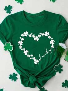St Patricks Day Women Valentine Outfits For Women2026Women's St. Patrick's Day Clover Love Printed Green T-Shirt With "Lucky" Element Design, Casual Short Sleeved Top, Holiday Itembad Bunny Shirt  Valentines Day Outfit - 綠色 - 查看 6