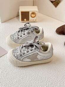 New Arrival Spring Autumn Toddler Girls Silver Glitter Sneakers Lace-Up Hook-And-Loop Strap Non-Slip Sole Sparkly Casual Princess Shoes For Party Daily Wear - Bạc - Xem 4