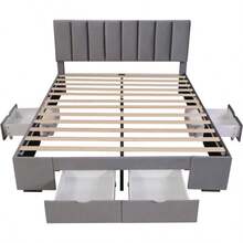 Upholstered Velvet Bed 160 X 200 Cm, Slatted Base, Headboard, 4 Drawers, Grey - Grey - View 8