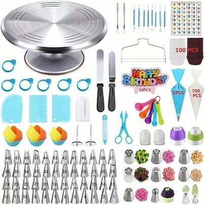 Set 357 Base Metal Giratoria, Espátula Y Duyas Pastelería