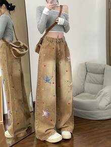星形贴花宽松直筒牛仔裤，女士款，百搭显瘦 - 摩卡棕 - 查看 4