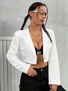 1件女士休闲通勤优雅拼接领纽扣短款开衫外套，春秋季白色 - 白色 - 查看 3