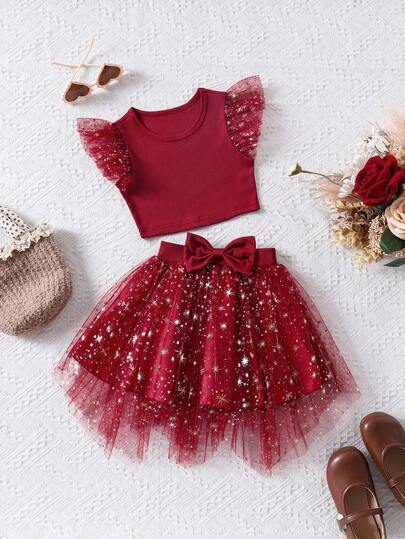 Conjunto de camiseta de manga de vuelo con parches y falda de malla con lentejuelas de mariposa para niña, primavera/verano