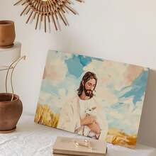 1pc Jesus And Sheep Oil Painting Mural Print, Wood Frame Wall Art, Room Decor, Living Room Bedroom Easter Decoration - Friends And Family, Ready To Hang - Framed - View 4