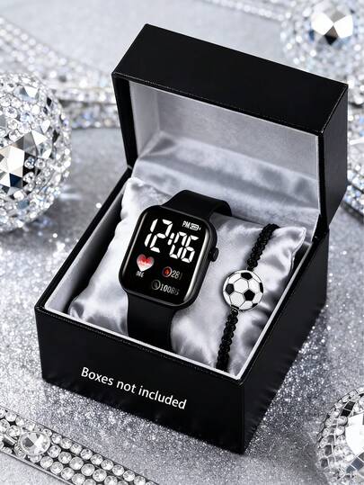 2Pcs/Set Women's Watch Fashion, Leisure, Exquisite LED Digital Display Electronic Watch, Suitable For Women's Daily Wear, Paired With Football Bracelet, Suitable For Back To School, Graduation Season, Vacation, Party Decoration, Birthday/Festival Gift, Perfect Gift For Women On Valentine's Day