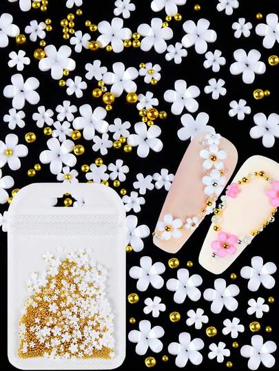 500 Pieces Charming 3D Resin White Five Petal Flower Nail Jewelry Gold Orb Size Mixed Nail Art Decoration Accessories, Cute Style Pure White Five Petal Flower DIY Nail Phone Case Accessory Set. Nails