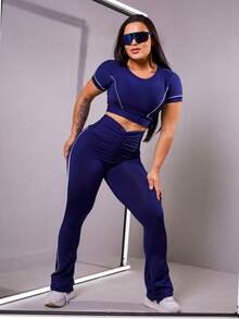 Women's Gym Set: Top And Leggings, Flare Ballerina Style, High Waist, Supplex, Workout Clothes - 藏蓝色 - 查看 4