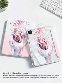 A Tablet Case Featuring A Heart-Shaped Branch Motif, Hand-Painted Double-Sided Printed Tablet Sleeve, Multi-Angle Adjustable Tablet Stand, Foldable Tri-Fold Tablet Cover With Stylus Slot, Magnetic Auto-Sleep/ Wake Smart Power-Saving Feature, High-Transparency Back Panel - Multicolor - View 1