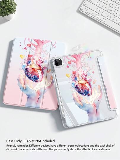 A Tablet Case Featuring A Heart-Shaped Branch Motif, Hand-Painted Double-Sided Printed Tablet Sleeve, Multi-Angle Adjustable Tablet Stand, Foldable Tri-Fold Tablet Cover With Stylus Slot, Magnetic Auto-Sleep/ Wake Smart Power-Saving Feature, High-Transparency Back Panel