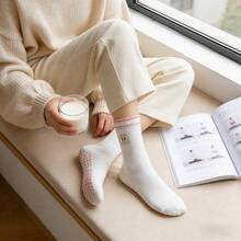 3双装女士刺绣普拉提袜，可爱防滑踝袜，适合瑜伽普拉提、医院赤足训练、舒适日常运动 - 白色 - 查看 5