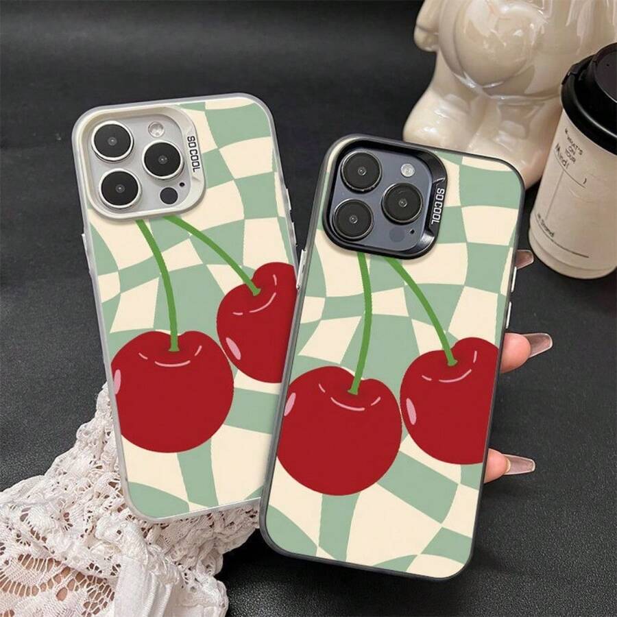 1 pieza funda de teléfono de moda, diseño de cerezas rojas sobre fondo de cuadrícula verde y blanco, compatible con Apple 11 Pro Max, 12 Pro Max, 13 Pro Max, 14 Pro Max, 15 Pro Max, 16 Plus, 16 Pro Max, Galaxy S21, S22, S23, S24 Ultra, Redmi Note 13, 14, Pura 70, OPPO Reno 11, Honor X9, Pixel 7. Material resistente a golpes, agua y arañazos, ideal para el Día de San Valentín. - Negro - Ver 1