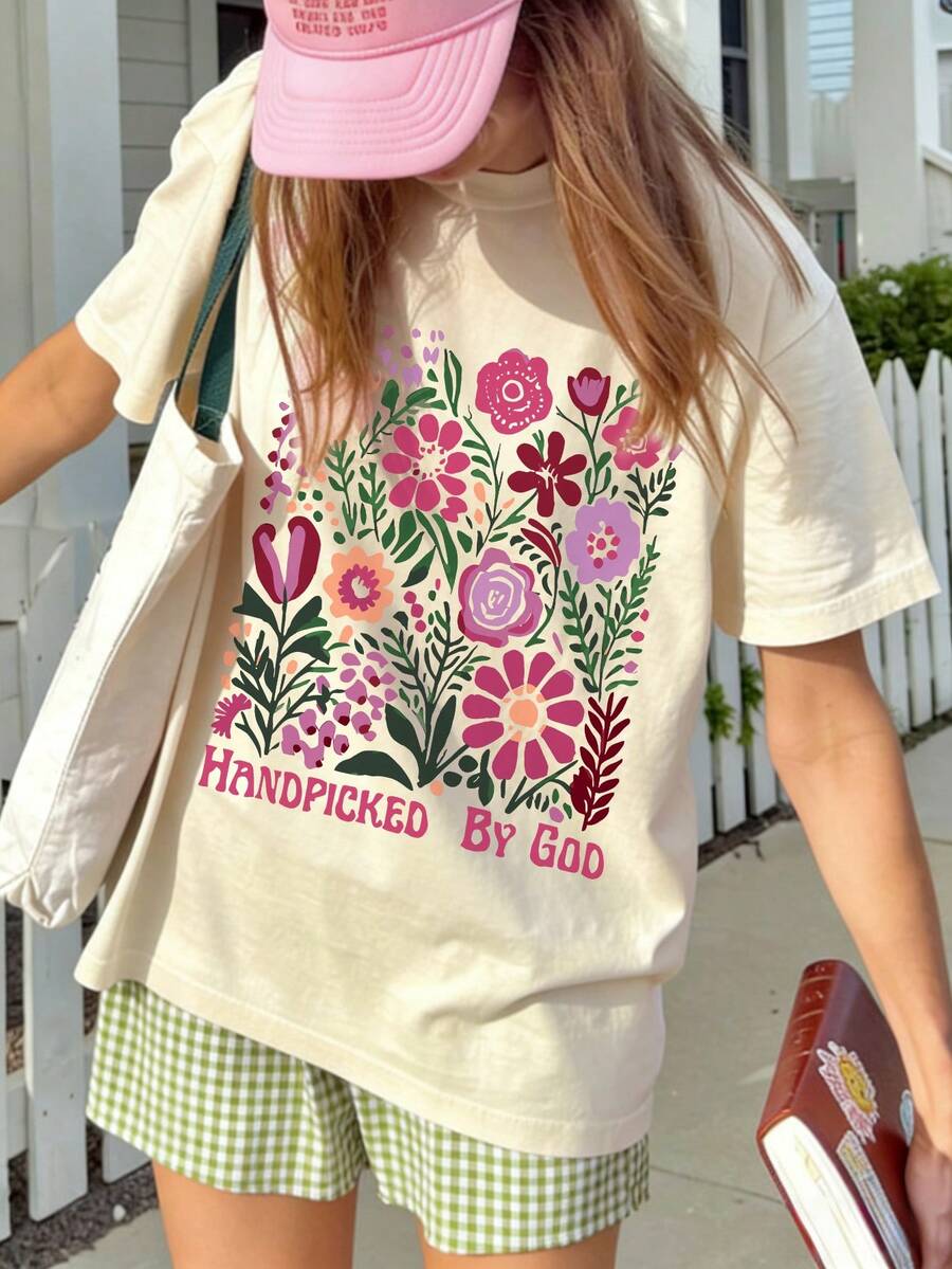 Summer Casual Short Sleeve Top, Printed With Sheep Pattern And Letter Print, Multiple Colors Available, Fashionable Style Suitable For Daily Wear