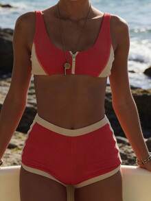 Women's 2 Piece Swimsuits Contrast Color High Waisted Bikini Set Summer Bathing Suits - Red and White - View 5