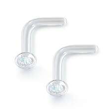 2 piezas Anillos nasales de vidrio Pyrex transparente de 16G y 18G en forma de L, kits de retención para estiramiento, con pendientes planos nuevos para joyería corporal - 2100 - Ver 19
