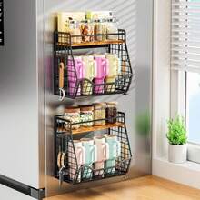 1/2 pièces, étagère magnétique pour réfrigérateur, porte-gobelet, panier de rangement sans trou, étagère à épices, étagère de rangement flottante, boîte de rangement pliable en métal, accessoires de rangement - Noir - Voir 1