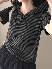 条纹连帽纽扣短袖T恤，百搭休闲宽松上衣 - 灰色 - 查看 5