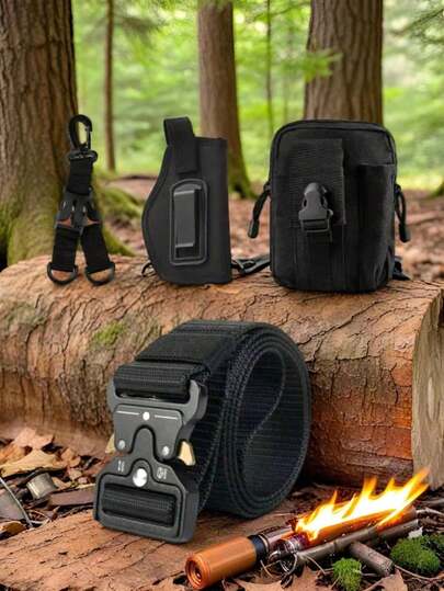 Juego táctico EDC para exteriores de 4 piezas: bolsa de cintura, cinturón y accesorios. Fabricado en nailon multifuncional, con correa de hombro ajustable, con bolsillos con cremallera compatibles con MOLLE, ideal para senderismo/caza/pesca. Construcción duradera para acomodar un teléfono inteligente y artículos esenciales, sistema MOLLE de tela premium para mochila de camping.
