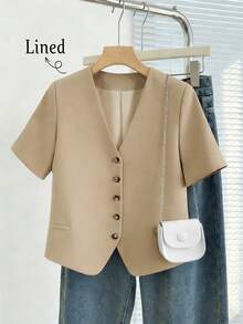 Áo khoác blazer ngắn ôm dáng, nhẹ, cài một hàng khuy dành cho nữ, có lớp lót, thích hợp cho mùa xuân/hè. - Màu Khaki - Xem 1