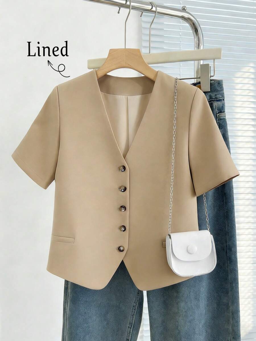 Áo khoác blazer ngắn ôm dáng, nhẹ, cài một hàng khuy dành cho nữ, có lớp lót, thích hợp cho mùa xuân/hè. - Màu Khaki - Xem 1