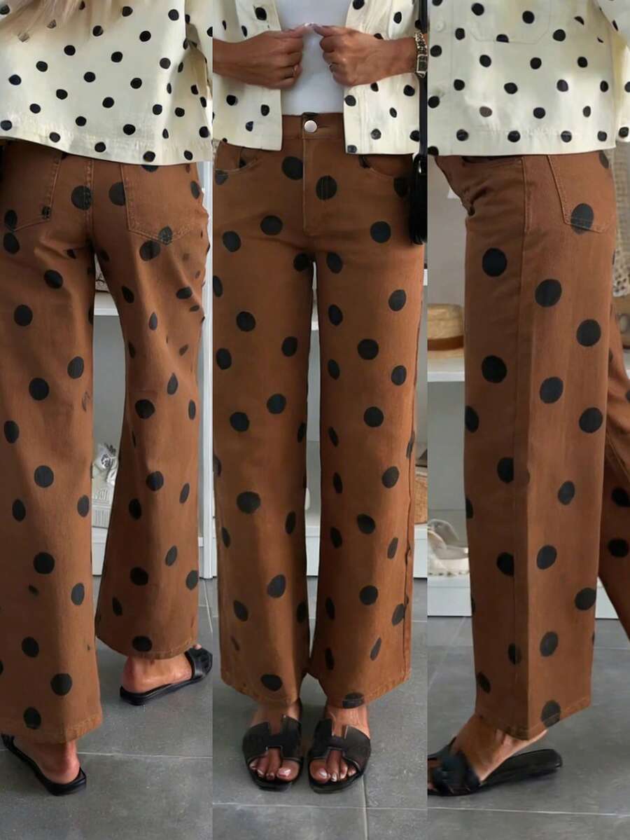 女士复古波点宽松中腰休闲牛仔裤，弹力牛仔裤，时尚百搭街头风 - 棕色 - 查看 1