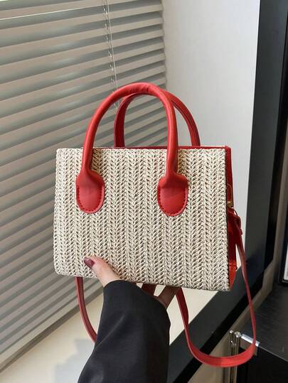 Lightweight Casual Minimalist Straw Woven Bag, Suitable For Teenage Girls, Women And College Students, Ideal For University, Outdoor Activities, Travel, Picnics, Also A Fashionable Summer Vacation Bag, Eye-Catching Beach Bag, Women's Summer Straw Beach Bag, Popular Women's Beach Bag, Fashionable Summer Vacation Bag, Essential Women's Beach Vacation Bag, Latest Vacation Bag