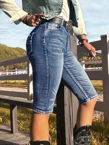 高腰弹力女式七分牛仔裤 - 西部牛仔风格，后口袋饰有刺绣 - 深色水洗藍 - 查看 4