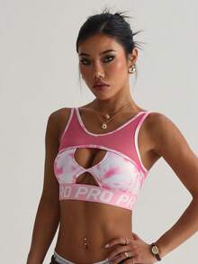 Women's Fashion Pink Removable Padded V-Neck Mesh Patchwork Letter Tape Sports Knit Bralette, Autumn - Multicolor - View 3