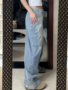 NVFelix Quần jeans nữ ống đứng cạp cao dáng rộng, dài, kiểu dáng thanh lịch thường ngày, có cúc và túi, thiết kế cạp và gấu quần chắc chắn, dáng dài không co giãn, phù hợp mặc mùa xuân hè, màu xanh dương, mẫu mới 2026. - Màu xanh lam - Xem 4